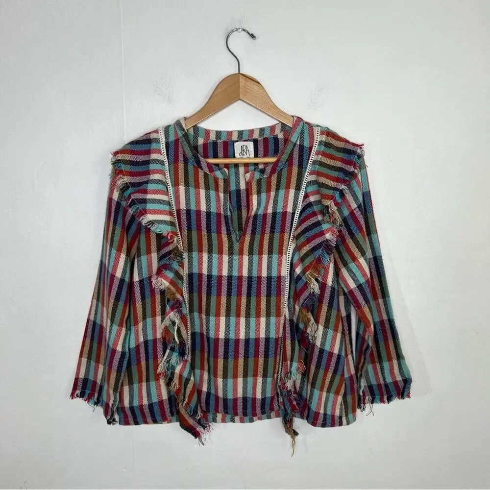 Anthropologie dRA Ruffle Plaid Kelsey Boho Top Size Medium - Picture 2 of 11